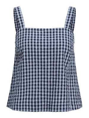 Débardeur en coton à carreaux bleu marine et bleu clair, avec encolure carrée et larges bretelles, présentant un ruché sur les côtés et une coupe décontractée.