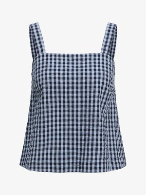 Top in cotone a quadretti blu navy e azzurro chiaro, con scollatura quadrata e spalline larghe, dotato di arricciatura laterale e vestibilità comoda.