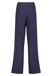 Námořnické modré kalhoty s širokými nohavicemi vyrobené z měkké bavlny, s elastickým pasem a jednou zadní kapsou. Hladká textura s jednoduchým designem.