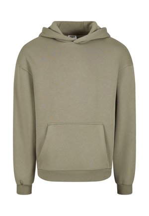 Oliven grønn bomull hettegenser med kengurulomme, snøring i hetten, ribbestrikkede mansjetter og kant. Glatt tekstur med et minimalistisk design.
