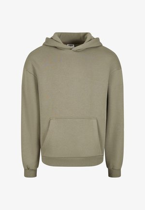 Oliven grønn bomull hettegenser med kengurulomme, snøring i hetten, ribbestrikkede mansjetter og kant. Glatt tekstur med et minimalistisk design.