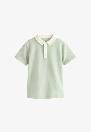 Világoszöld rövid ujjú póló ing fehér gallérral és három fehér gombbal, enyhe texturált mintával.