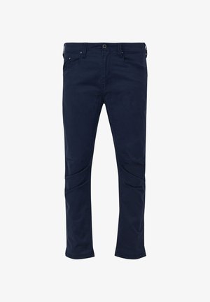 Granatowe bawełniane spodnie o dopasowanym kroju, z ukośnymi bocznymi kieszeniami i ozdobnym przeszyciem na udach. Gładka faktura, standardowy pas.