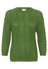 Grüner gestrickter Pullover mit strukturiertem Zopfmuster, Rundhalsausschnitt und langen Ärmeln; mit gerippten Bündchen und Saumdetails.