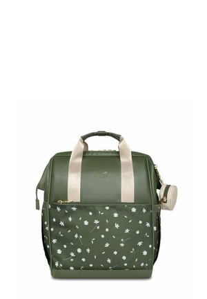 Green backpack with beige handles, floral pattern on front pocket, gold zippers, and small attached round pouch on the side.