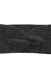Dark gray knitted headband featuring a twisted design at the center, with a textured fabric creating a warm, cozy appearance.