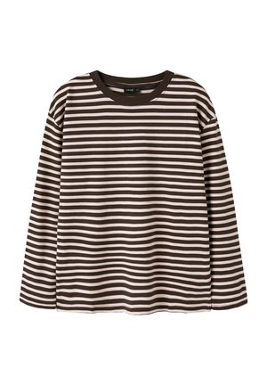 Chemise à manches longues avec des rayures horizontales noires et blanches et un col rond noir, affichée sur un fond blanc.