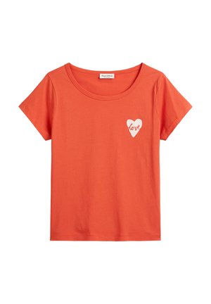 Orange short-sleeve t-shirt made of cotton, featuring a white heart graphic with the word "love." Smooth fabric and crew neckline.