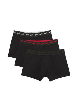 Boxer-briefs en coton noir avec des ceintures élastiques de différentes couleurs : rouge, noir et vert, dotés d'un texte logo sur les ceintures.