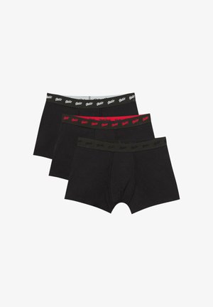 Boxeri scurți din bumbac negru cu talie elastică în culori variate de roșu, negru și verde, având textul logo pe benzi.