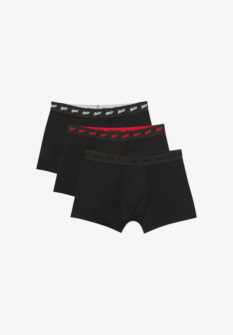 Boxeri scurți din bumbac negru cu talie elastică în culori variate de roșu, negru și verde, având textul logo pe benzi.