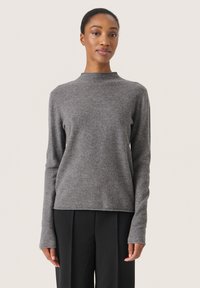 Grauer Langarmtop mit hohem Kragen, gefertigt aus weichem Strickmaterial. Verfügt über eine lässige Passform und verlängerte Ärmelbündchen.