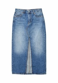 Gonna in denim azzurro chiaro con spacco frontale e texture sfumata. Presenta una chiusura con bottoni, cinque tasche e cuciture a contrasto.