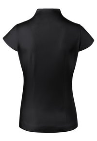 Top noir à manches courtes avec col montant, texture lisse, design ajusté et dos uni sans embellissements supplémentaires.