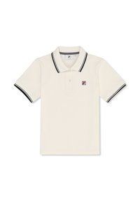 Vit kortärmad polo med svart kant på kragen och ärmsluten, placket med tre knappar och liten broderad logga på bröstet.