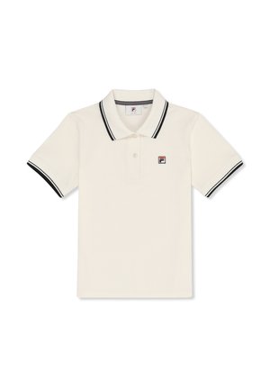 Valkoinen lyhythihainen polo-paita, jossa on mustat reunat kauluksessa ja hihoissa, kolmipainikkeinen napitus ja pieni brodeerattu logo rinnassa.