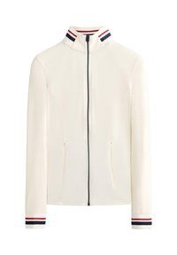 Biela bunda na zips s vysokým golierom, zdobená námorníckymi a červenými pruhmi na golieri a manžetách. Dve vrecká vpredu.