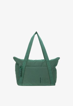 Sac cabas en tissu vert avec bretelles larges, une poche avant et un curseur de fermeture éclair marqué "STANDARD" sur un fond blanc.