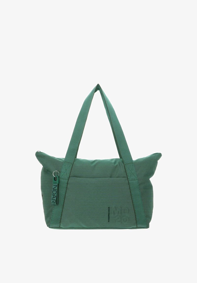Sac cabas en tissu vert avec bretelles larges, une poche avant et un curseur de fermeture éclair marqué "STANDARD" sur un fond blanc.