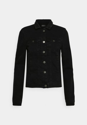 Sort denimjakke med lange ærmer, knaplukning foran, to brystlommer med klap og en klassisk krave.
