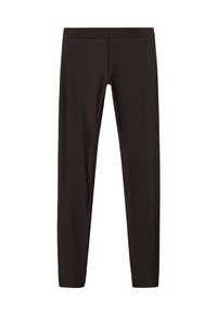 Leggings neri realizzati in un tessuto liscio ed elastico. Presentano un ampio bordo in vita elasticizzato e un design aderente che si restringe alla caviglia.