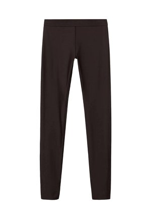 Black leggings with a smooth, stretchy fabric. Features a wide, elastic waistband and a fitted design that tapers at the ankle.