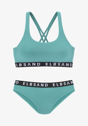 Set bikini turchese con top a fascia e spalline incrociate sul retro, dotato di una cintura elastica nera con il logo "ELBSAND". Texture morbida.