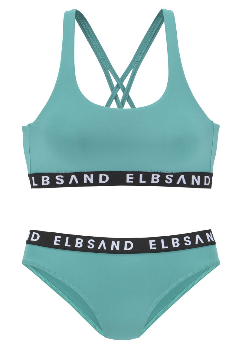 Tyrkysový bikini set obsahujúci crop top s prekríženými zadnými popruhmi a čiernym elastickým pásom s logom "ELBSAND". Hladká textúra.