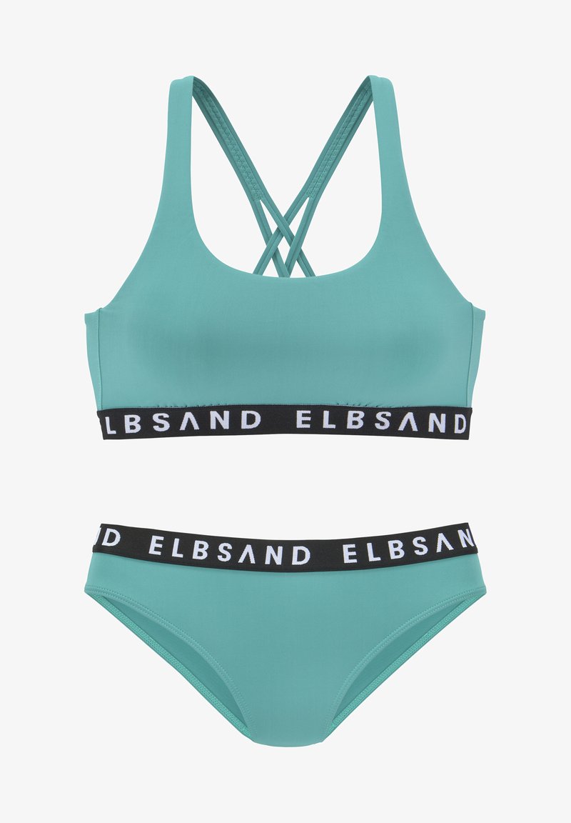 Tyrkysový bikini set obsahujúci crop top s prekríženými zadnými popruhmi a čiernym elastickým pásom s logom "ELBSAND". Hladká textúra.