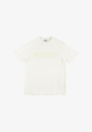 Biała bawełniana koszulka z krótkim rękawem z delikatnym, dużym logo "PROSTO" w jasnym żółtym kolorze na piersi. Okrągły dekolt, standardowy krój.