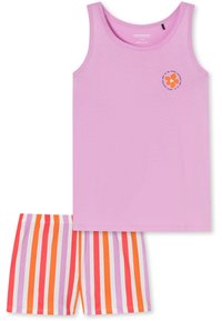 Débardeur rose avec col rond et motif floral ; short assorti à rayures verticales orange, rose et blanc. En matière coton.