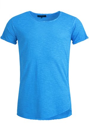 T-shirt blu a maniche corte, realizzato in tessuto morbido, presenta un collo rotondo e polsini arrotolati. La texture è leggermente mélangé con una vestibilità casual.