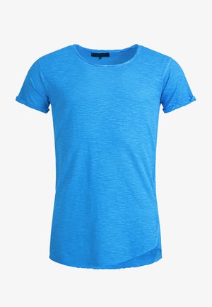 Short-sleeve blue T-shirt, made of soft fabric, features a round neck and rolled cuffs. The texture is slightly heathered with a casual fit.