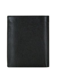Portafoglio in pelle nera con superficie texturizzata, forma rettangolare e bordi cuciti. Design minimalista senza hardware o accenti visibili.
