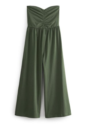 Strapless olive green jumpsuit with ruched bodice and wide-leg pants, made from smooth fabric.