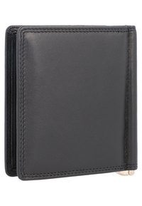 Cartera de cuero negro con una textura lisa, diseño de doble pliegue, bordes redondeados y costuras en contraste. Presenta un tirador de cremallera plateado.