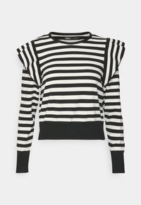 Maglione a righe bianco e nero con scollatura rotonda e maniche a sbuffo. Presenta polsini e orlo a coste, realizzato in un materiale morbido e leggero.