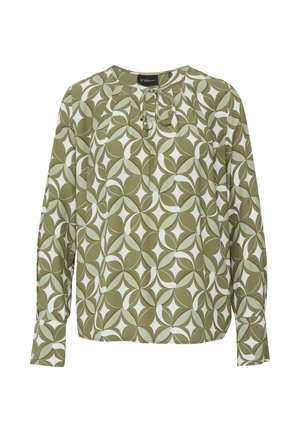 Bluzka z długim rękawem z zielono-białym geometrycznym wzorem liści, okrągłym dekoltem i wiązaniem z przodu. Miękka tekstura materiału.