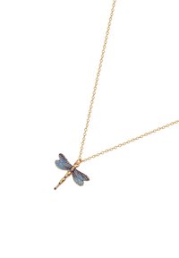 Gold chain necklace with a detailed dragonfly pendant featuring blue and purple enamel wings on a white background.