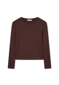 Brązowa bluzka z długim rękawem wykonana z miękkiej dzianiny bawełnianej. Posiada okrągły dekolt oraz skrócony krój bez widocznych wzorów i dodatków.
