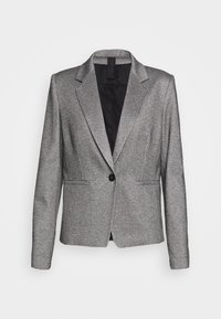 Šedý blazer s texturovanou tkaninou, zapínání na jeden knoflík, klopové límce a dvě přední kapsy. Plně podšívkovaný interiér v černé barvě.