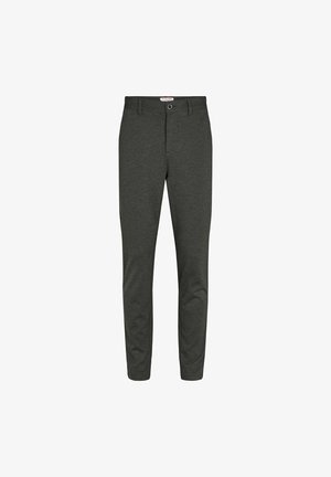 Pantaloni gri închis, confecționați dintr-un material moale, cu un design slim fit, închidere cu nasture și fără modele sau accente vizibile.