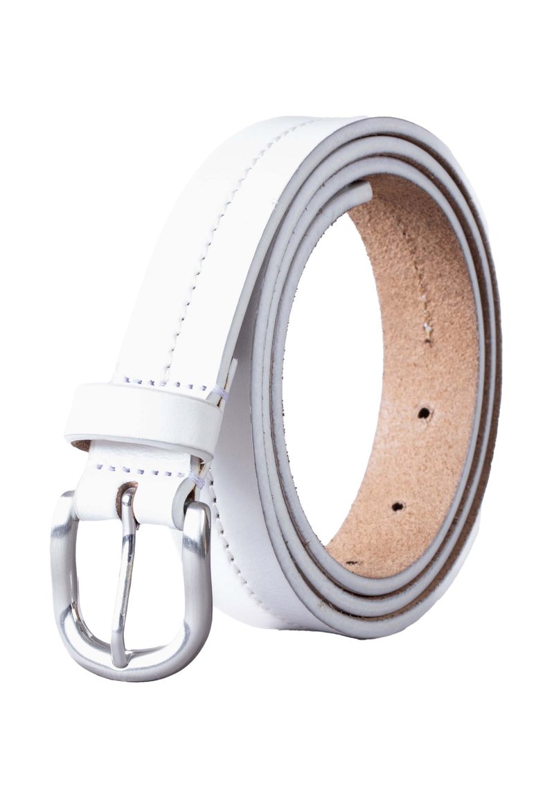 White leather belt with a smooth texture, silver metal buckle, multiple holes for adjustment, and contrasting stitching detail.