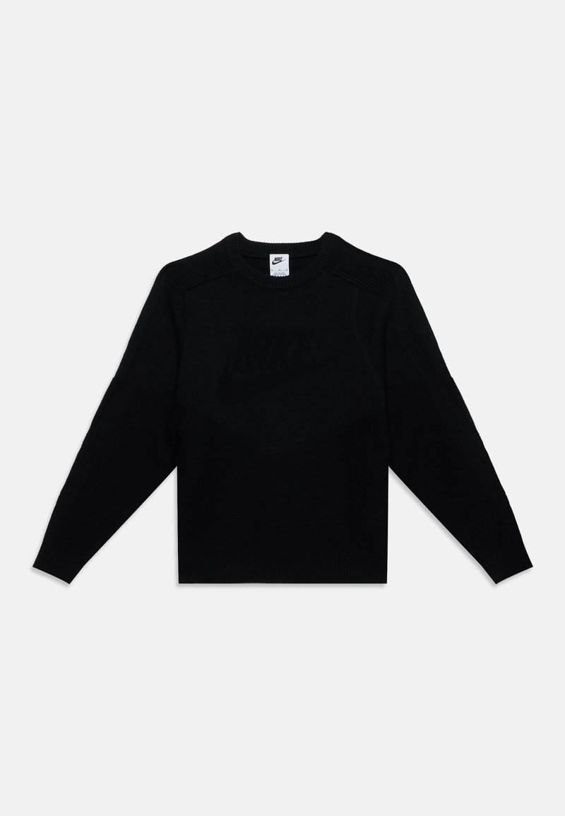 Sweat noir à manches longues Nike avec col rond et logo discret embossé sur la poitrine, posé à plat sur fond blanc.