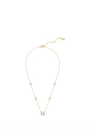 Delicate gold chain necklace with five small clear gemstones evenly spaced and one larger gemstone pendant at the center.
