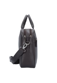Brown leather bag with two top handles, an adjustable strap, and multiple zippered compartments for organization. Textured surface with durable finish.