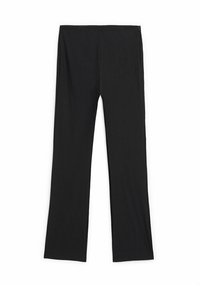 Black, fitted trousers made from a stretchy fabric, featuring a smooth texture, no visible fastenings, and a straight leg design.