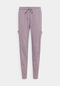 Pantaloni della tuta di colore viola chiaro con cintura elastica e lacci, tasche laterali e polsini a coste alle caviglie. Tessuto morbido.
