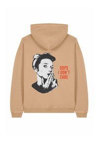 Felpa con cappuccio in cotone beige, caratterizzata da una stampa grafica nera di un volto e dal testo rosso "OOPS I DON'T CARE" sul retro.
