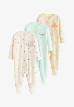 Drie babyrompertjes met lange mouwen en voetjes; één crème met oranje worteltjes en konijnengezicht, één muntgroen met schapenpatroon, één lichtgeel met kuikentjes.